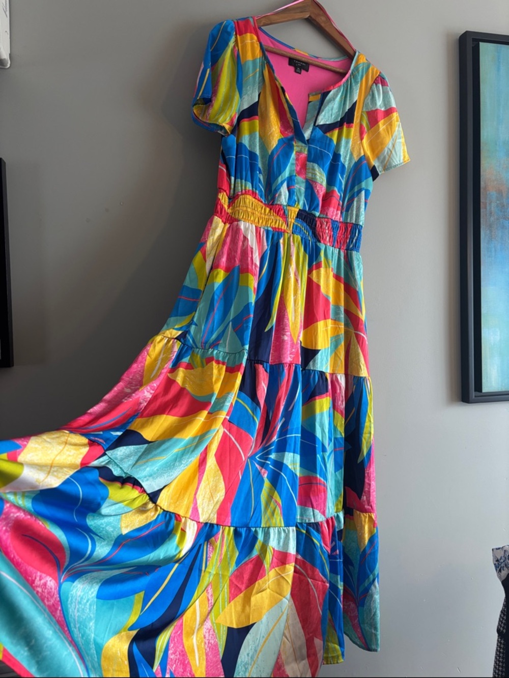 Tahari Multicolor Abstract Print Maxi Dress - Blue Pink Yellow
